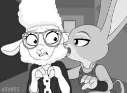 2girls alfa995 animated animated_gif anthro clothing dawn_bellwether disney female female_only glasses judy_hopps licking monochrome multiple_girls scared suggestive sweat sweating worried yuri zootopia