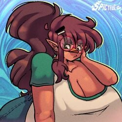 alternate_version_available big_breasts brown_hair busty chloe_(spicyfuse) curvy freckles glasses huge_breasts hyper_breasts large_breasts massive_breasts original original_character spicyfuse tan tan_skin