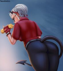 1girls 2020 ass ass_focus blue_background breasts clothed clothed_female clothing dat_ass female female_focus female_only glasses heart_tail helltaker holding holding_food horns justice_(helltaker) oppaiserothicc red_shirt shirt simple_background solo solo_female solo_focus standing sunglasses tail thick_thighs tight_pants tights white_hair