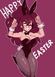 bowtie brown_hair bunny_ears bunny_tail bunnysuit cleavage cute detached_collar easter fake_animal_ears female freckles leotard looking_at_viewer one_eye_closed open_mouth pantyhose playboy_bunny solo solo_female solo_focus thick_thighs void_dot_exe wink wrist_cuffs yellow_eyes