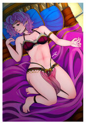 1girls aged_up barefoot belly_dancer belly_dancer_outfit blue_eyes blue_hair dancer dancer_outfit female flurry_heart_(mlp) friendship_is_magic harem_outfit hasbro humanized inviting jennobasilicum loincloth lying_on_back lying_on_bed my_little_pony purple_hair royalty small_breasts solo solo_female wink