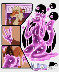 4_toes 5:6 5_fingers absurd_res anthro ass beverage brown_body brown_fur bubble canid canine closed_eyes comic cup dapperdragon dipstick_tail drinking ear_piercing facial_piercing fangs feet female fingers flaccid fox fur genitals goo_creature goo_transformation hair helix_piercing hi_res keith_(monsieurkeit) kneeling long_hair male mammal markings multicolored_tail nipple_piercing nipples nose_piercing nude open_mouth orange_body orange_fur paws penis piercing pink_body septum_piercing sequence smile solo straw teeth toes transformation white_body white_fur white_hair