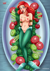 1girls ariel bbmbbf blue_eyes blush breasts celery cucumber disney disney_princess female female_focus fin food green_tail jpeg lettuce long_hair mermaid nipples palcomix palcomixvip.com pussy red_hair slavetoon solo text the_little_mermaid tied_up tomato vegetable