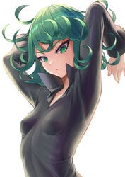 1girls arms_behind_head arms_up black_dress breasts closed_mouth collared_dress curly_hair dress female flipped_hair green_eyes green_hair high_resolution looking_at_viewer one-punch_man sai_(abyss05) short_hair simple_background small_breasts solo stretch tatsumaki tight tight_dress white_background wide_sleeves