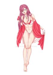 1girls amber_eyes barefoot bikini cape ferulaboy fit_female long_hair looking_at_viewer mask original original_character pink_hair watermark