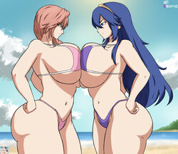 2girls alternate_breast_size alternate_costume angry ass beach big_ass big_breasts bikini blue_eyes blue_hair breast_press bursting_breasts catfight crossover curvy eclair_farron fight final_fantasy final_fantasy_xiii fire_emblem fire_emblem_awakening green_eyes hair_between_eyes huge_breasts large_ass long_hair looking_at_another lucina_(fire_emblem) nintendo ocean orange_hair pink_bikini pink_swimsuit purple_bikini purple_swimsuit sand seaside sideboob staredown swimsuit symmetrical_docking thick_thighs ultiblackfire underboob voluptuous