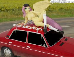 2021 3d_(artwork) anthro breasts car clothed clothing detailed digital_media_(artwork) equid equine feathered_wings feathers female field fluttershy_(mlp) footwear friendship_is_magic fur genitals grass hair hasbro hi_res horse lada legwear looking_at_viewer lox_(artist) mammal my_little_pony nature nature_background nipples nude open_mouth outside pegasus pink_hair plant pony pussy russian_text shoes sky smile socks solo straight_hair text translated url vehicle watermark wings yellow_body yellow_feathers