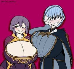 2girls alternate_breast_size bernadetta_von_varley big_breasts blue_hair blush breast_press breasts brown_eyes busty cleavage curvy earrings female female_only fire_emblem fire_emblem:_three_houses grey_eyes grin huge_breasts large_breasts looking_away marianne_von_edmund multiple_girls nintendo post-timeskip purple_hair seiekisnake short_hair smile violet_background voluptuous