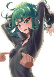 1girls 1other arms_behind_head arms_up black_dress blush breast_poke breasts collared_dress curly_hair dress female flipped_hair green_eyes green_hair high_resolution looking_at_viewer one-punch_man open_mouth poking sai_(abyss05) short_hair simple_background small_breasts solo_focus stretch sweatdrop tatsumaki tight tight_dress white_background wide_sleeves