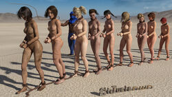 1boy 3d 6+girls 9girls black_hair blonde_hair bound_together brown_hair chained_together clothed_male_nude_female coffle dark-skinned_male desert dirty femsub forced_march harem maledom marching multiple_girls multiple_subs naked nude nude_female red_hair scars slave slave_collar slavegirl stjuste whip whip_marks