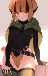 1girls adapted_costume arm_support bangs belt black_belt black_hair blunt_bangs blush blushing bodysuit breasts cameltoe capelet closed_mouth clothing covered_navel covered_nipples double_v embarrassed erect_nipples erect_nipples_under_clothes eyelashes female female_focus female_only gardenia_(pokemon) green_capelet green_legwear gym_leader hand_on_own_thigh hi_res high_resolution highleg highleg_leotard highres human legwear leotard linea_alba looking_at_viewer multicolored_hair nintendo nipples no_bra no_pants orange_eyes orange_hair pale_skin poke_ball poke_ball_(basic) pokeball pokemon pokemon_(game) pokemon_dppt pose posing short_hair sidelocks simple_background sole_female solo solo_female solo_focus spring2013 standing stockings sweat sweatdrop thigh_gap thighhighs thighs thin_waist tight_clothing two-tone_hair v very_high_resolution wide-eyed wide_hips