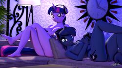 16:9 3d_(artwork) anthro anthrofied anthroponiessfm big_breasts breasts controller crossed_legs digital_media_(artwork) duo equid equine female friendship_is_magic hasbro headphones hi_res horn mammal my_little_pony mythological_creature mythological_equine mythology nude princess_luna_(mlp) twilight_sparkle_(mlp) unicorn widescreen