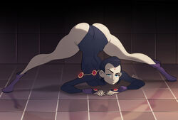 1girls ass black_hair blue_eyes boots bubble_butt dc dc_comics face_down_ass_up forehead_jewel jack-o_pose leotard looking_at_viewer rachel_roth raven_(dc) short_hair straight_hair teen_titans triplexmile unamused