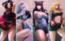 4girls blake_belladonna blonde_hair kpop legs liilica multiple_girls popstar posing ruby_rose rwby team_rwby weiss_schnee white_hair yang_xiao_long