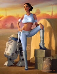 1girls attack_of_the_clones blaster brown_eyes brown_hair cutoff_shirt desert erect_nipples fit_female gun hair_bun high_heel_boots high_heels human large_breasts midriff milf mironishin padme_amidala platform_heels r2-d2 star_wars tatooine tight_pants underboob voluptuous