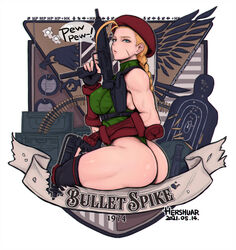 1girls ahoge ammo_box ammunition_belt ass beret blonde_hair blue_eyes braid breasts bullet_hole cammy_white clothing combat_knife directional_arrow dog_tags emblem erect_nipples erect_nipples_under_clothes female gauntlets gun hat headwear hershuar holstered_weapon imi_uzi israel_weapon_industries knee_socks large_ass leotard looking_back muscular_arms muscular_thighs nipples onomatopoeia scar sitting skorpion_vz._61 speech_bubble street_fighter street_fighter_v submachine_gun target thong thong_leotard tied_hair trigger_discipline tumblr_username twin_braids uzi weapon