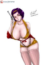 1girls breasts cigarette_in_mouth cowboy_bebop faye_valentine female green_eyes gun hairband human jacket large_breasts medium_hair pale-skinned_female pale_skin purple_hair revealing_clothes salsdraws short_hair stockings suspenders thong white_background