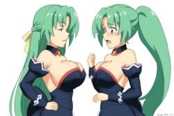 07th_expansion 2girls abridged-satoko angel_mort_uniform breast_envy cleavage female_only higurashi_no_naku_koro_ni huge_breasts maid mion_sonozaki multiple_girls shion_sonozaki sisters