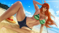 beach bikini bikini_top cleavage female female_only jean_shorts jeans large_breasts long_hair minnhsg nami one_piece orange_eyes orange_hair outside seaside short_shorts shorts staff straw_hat striped_bikini