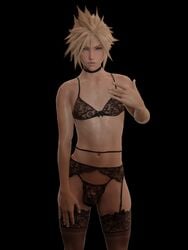 1boy 3d blonde_hair blue_eyes bra cloud_strife crossdressing crossdressing_male emberstock femboy final_fantasy final_fantasy_vii final_fantasy_vii_remake garter_belt garter_straps gay girly light-skinned_femboy light-skinned_male male male_only solo solo_male yaoi