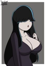 1girls :o aged_up bangs big_breasts black_hair breasts busty cleavage clothing goth goth_girl grey_skin hair_over_eyes hips huge_breasts large_breasts long_hair low_cut_top lucy_loud motion_lines older solo solo_female solo_focus the_loud_house thegreatgreninja thick_thighs v-neck very_long_hair