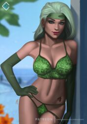 beatriz_da_costa dc dc_comics evandromenezes fire_(dc) green_eyes green_hair hand_on_hip headband justice_league large_breasts latina light_green_hair lingerie long_gloves looking_at_viewer tattoo two_tone_hair