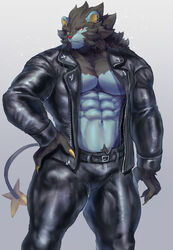 abs biceps blush bodybuilder hyper hyper_balls hyper_genitalia hyper_muscles hyper_penis hyper_testicles jacket leather_jacket luxray male male_focus male_only muscle muscles muscular muscular_arms muscular_ass muscular_back muscular_legs muscular_male muscular_thighs nipples pecs pokemon pokemon_(species) veins veiny_penis yukihoshiak ユキホシ