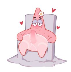 1boy armchair blush body_freckles bulge cartoony censored chair closed_mouth erection erection_under_clothes flower freckles hair_flower hair_ornament half-closed_eyes heart heart-shaped_pupils lily_(flower) looking_at_viewer male male_focus male_only mosaic_censoring naughty_face pantyhose patrick_star penis_outline reclining seductive_smile simple_background sitting smile solo solo_focus solo_male spongebob_squarepants starfish sweat symbol-shaped_pupils thighband_pantyhose tsubasa_tsubasa white_background white_flower white_legwear