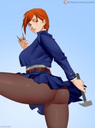 1girls artist_signature ass belt big_ass big_butt brown_eyes brown_hair butt chin_length_hair cropped_jacket cropped_legs eyelashes female female_focus female_only fully_clothed ginger hell904 jacket jujutsu_kaisen kugisaki_nobara light_skin looking_at_viewer low-angle_view medium_hair open_jacket pantyhose patreon_username pleated_skirt short_hair skirt student thick_thighs thighs viewed_from_behind