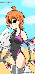 1girls beach blush breasts ecchiartistidk female one_piece_swimsuit peacock_(skullgirls) skullgirls swimsuit thick_thighs