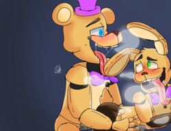 blue_eyes five_nights_at_freddy's five_nights_at_freddy's_4 fredbear_(fnaf) golden_fur green_eyes heart-shaped_pupils licking_ear male male_only panting purple_bowtie purple_hat spring_bonnie spring_bonnie_(fnaf) tagme tongue tongue_out yellow_arms yellow_body yellow_ears yellow_fur yellow_head yellow_legs