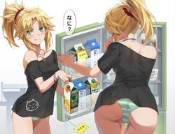 1girls ass bent_over blonde blonde_eyebrows blonde_female blonde_hair blonde_hair_female fate/apocrypha fate/grand_order fate_(series) green_eyes green_panties looking_at_viewer mordred_(fate) no_pants panties ponytail shimapan solo solo_female standing striped_panties tagme thighs tonee tongue white_and_green_panties white_panties