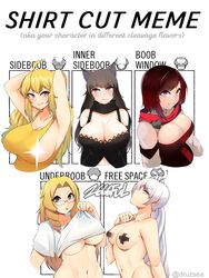 5girls ahoge big_breasts black_hair black_pasties blake_belladonna blonde_hair blush boob_window breasts casual cat_ears cross_pasties faunus female female_focus female_only glasses glynda_goodwitch human inner_sideboob meme multiple_girls nipple_tape pasties ruby_rose rwby shirt_cut_meme side_boob tagme tagme_(artist) tape team_rwby tongue_out underboob weiss_schnee white_hair yang_xiao_long z666ful