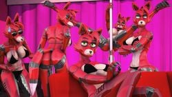 16:9 2020 3d 3d_(artwork) 5_fingers absurd_res animatronic anthro bikini bikini_top black_nose breasts canid canine clothing curtains digital_media_(artwork) ear_piercing ear_ring eyewear facial_piercing female fingers five_nights_at_freddy's fox foxy_(fnaf) genitals gold97fox green_eyes group head_tuft hi_res joints looking_at_another looking_at_viewer looking_away machine mammal nose_piercing nose_ring piercing pole pussy red_body robot rule_63 source_filmmaker stripper_pole sunglasses swimwear tuft video_games widescreen