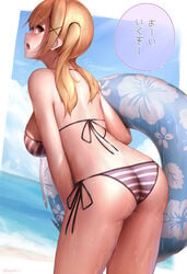 1girls absurdres ass ass_focus bang_dream! bikini blonde_hair blush breasts female female_focus female_only hair_ornament hairclip hapushilu highres ichigaya_arisa lifebuoy speech_bubble striped striped_bikini swimsuit thighs wet