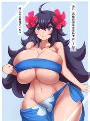 @_@ alternate_breast_size bandeau bare_arms bare_shoulders blue_background blush breasts bursting_breasts closed_mouth collarbone cosplay cowboy_shot creatures_(company) curvy female floral_print flower game_freak hair_flower hair_ornament hex_maniac highres huge_breasts kurosui long_hair messy_hair navel nintendo no_panties phoebe_(pokemon) phoebe_(pokemon)_(cosplay) pokemon pokemon_(game) pokemon_rse pokemon_xy purple_eyes purple_hair sarong shiny shiny_skin simple_background solo strapless text_focus translated tubetop wide_hips