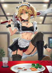 1girls anger_vein angry black_garter_straps blonde blonde_eyebrows blonde_female blonde_hair blonde_hair_female boots breasts characterful choker clarent cleavage fate/grand_order fate_(series) garter_straps green_eyes maid maid_uniform miniskirt mordred_(fate) navel panties red_panties revealing_clothes shaded_face skimpy skirt small_breasts stockings sword thighhighs tonee upskirt weapon