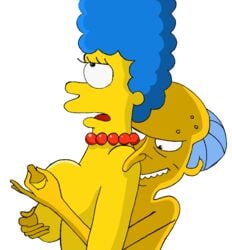 age_difference blue_hair breast_grab breasts cheating cheating_wife disgusted groping groping_breasts groping_from_behind marge_simpson mature_female milf montgomery_burns netorare nipple_tweak nipples no_bra old_man older_male the_simpsons ugly_bastard ugly_man white_background