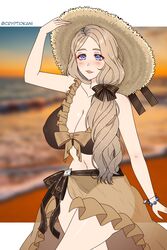 1girls alternate_costume bare_thighs beach bikini blonde_hair blue_eyes blush brown_bikini brown_swimsuit cleavage collarbone covered_nipples cryptid_crab fire_emblem fire_emblem:_three_houses fire_emblem_heroes hair_over_shoulder huge_breasts long_hair mercedes_von_martritz mercedes_von_martritz_(summer) nintendo nipple_bulge ocean official_alternate_costume sand sarong seaside see-through side_ponytail smile solo sun_hat sunset swimsuit thick_thighs