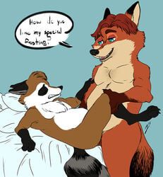 2018 anal anthro bed blue_eyes brown_body canid canine disney duo english_text fox furniture gay gerardson gideon_grey male male/male male_only mammal orange_body pillow procyonid raccoon sex slightly_chubby text white_body yaoi zootopia