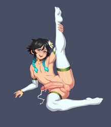 1boy balls big_balls big_penis black_hair blue_eyes cum erection femboy flower_in_hair genshin_impact hung_femboy hung_trap looking_at_viewer male male_focus male_only naked penis precum rizdraws solo_male source_request stockings veiny_penis venti_(genshin_impact) year_request