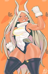 1girls abs boku_no_hero_academia bunny_ears dark-skinned_female dark_skin eymbee female female_only gloves legwear leotard long_hair looking_at_viewer miruko my_hero_academia orange_background pose red_eyes rumi_usagiyama smug solo solo_female thick_thighs toned toned_female white_hair