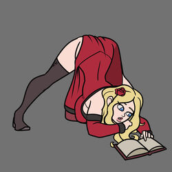 blonde_hair blue_eyes book dress jack-o_pose jackochallenge lana_wake partially_nude reading red_dress rose_in_hair shoulderless_dress sqootshy thighhighs