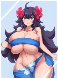 @_@ alternate_breast_size bandeau bare_arms bare_shoulders blue_background blush breasts bursting_breasts cleavage closed_mouth collarbone cosplay cowboy_shot creatures_(company) curvy elite_four_(cosplay) female floral_print flower game_freak hair_flower hair_ornament hex_maniac highres huge_breasts kurosui long_hair messy_hair navel nintendo no_panties phoebe_(pokemon) phoebe_(pokemon)_(cosplay) pokemon pokemon_(game) pokemon_rse pokemon_xy purple_eyes purple_hair sarong shiny shiny_skin simple_background solo strapless tubetop wide_hips