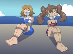 2girls barefoot beach bondage bound breasts damsel_in_distress female female_only femsub gag gagged gregory-gid-did multiple_girls multiple_subs nintendo only_female pokemon pokemon_xy restrained rope_bondage serena_(pokemon) shauna_(pokemon) swimsuit swimwear tape_gag taped_mouth tied_up