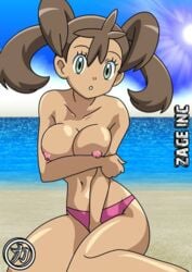 alternate_breast_size beach bikini breasts brown_hair cleavage creatures_(company) dark-skinned_female dark_skin exhibitionism female game_freak green_eyes kageta large_breasts looking_at_viewer midriff navel nintendo no_bra open_mouth outdoors pokemon pokemon_(game) pokemon_xy quad_tails sakaki_(artist) shauna_(pokemon) solo swimsuit text_focus tied_hair topless twintails