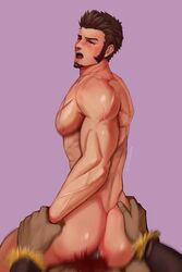 2boys absurdres anal arm_grab bara blue_eyes blush bracer brown_hair completely_nude couple cross_scar dark-skinned_male dark_skin facial_hair fate/grand_order fate_(series) goatee hand_on_another's_ass happy_sex highres interracial iskandar_(fate) large_pectorals long_sideburns male male_focus male_only male_pubic_hair mature_male motion_blur multiple_boys muscular muscular_male napoleon_bonaparte_(fate) nipples nude one_eye_closed pectorals pubic_hair purple_background scar scar_on_chest sex short_hair sideburns solo_focus torogao uncensored veiny_hands windba yaoi