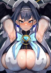 1girls angry armpits arms_behind_head arms_up big_breasts blue_eyes blush bondage cleavage earrings embarrassed female female_only hair_ornament hololive hololive_english hololive_english_-council- hololive_english_-promise- huge_breasts looking_at_viewer nipple_bulge nuezou ouro_kronii short_hair shoulderless_dress solo sweat sweatdrop sweaty sweaty_armpits virtual_youtuber