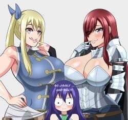 !!! 3girls annoyed armor bare_shoulders blank_background blonde_female blonde_hair blonde_hair_female blonde_ponytail blush breast_envy breast_on_breast breast_press breast_to_breast breast_touch breasts brown_eyes brown_eyes_female bursting_breasts cleavage curvaceous curvy_females english_commentary english_text enormous_breasts envy erza_scarlet exclamation_point eyebrows_visible_through_hair fairy_tail female female_only hand_on_hip hourglass_figure huge_breasts huge_cleavage jealous jealous_female lips lipstick long_blonde_hair long_hair long_hair_female long_purple_hair lucy_heartfilia massive_breasts multiple_females multiple_girls plain_background ponytail pout pouty_lips purple_hair purple_hair_female raised_eyebrows red_hair red_hair_female seduction seductive seductive_eyes seductive_look seductive_mouth seductive_pose seductive_smile shiny_lips simple_background solid_color_background text tongue tongue_out touching_breast tremble_lines trembling voluptuous wendy_marvell white_background wide_eyed yorarts