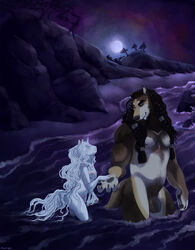 2021 5_fingers anthro balls beach black_nose braided_hair brown_body brown_fur brown_hair canid canine canis claws digital_media_(artwork) duo equid equine eye_contact fangs female finger_claws fingers flaccid full_moon fur genitals hair hand_holding hi_res horn larger_male littledoll long_hair looking_at_another looking_down looking_up male male/female mammal moon night nipples nude outside partially_submerged pawpads penis romantic romantic_ambiance romantic_couple seaside signature size_difference skinny_dipping smaller_female smile standing unicorn water white_body white_fur white_hair wolf